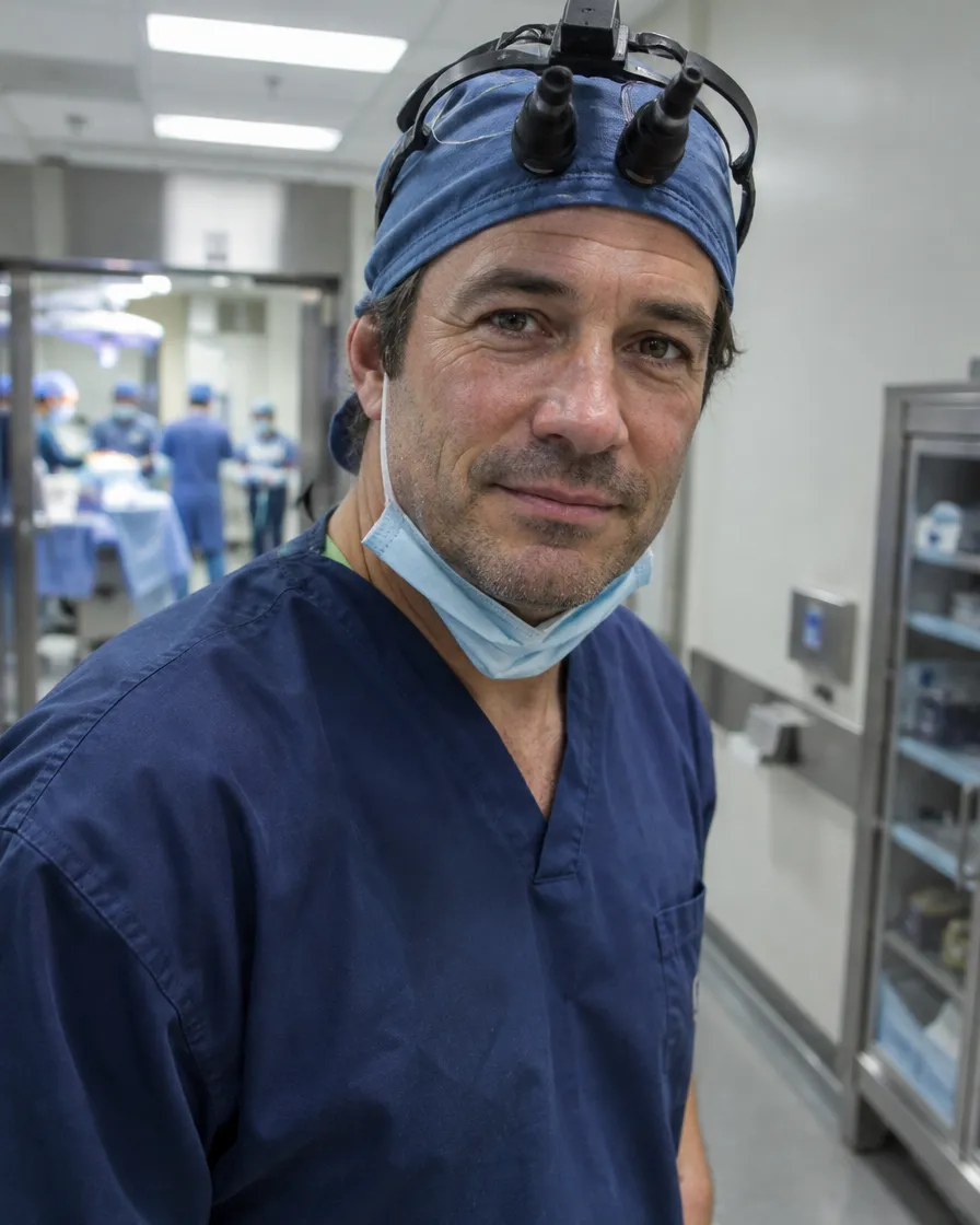 El Dr. Lombardi en el pasillo del quirófano, con gorro y lupas de cirugía